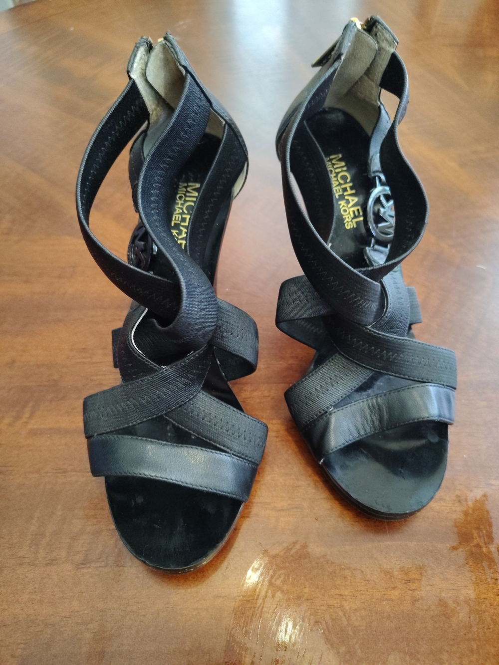 Michael Kors Black Leather Strappy Sandals Gold Zipper MK‎ Logo Cone Heels